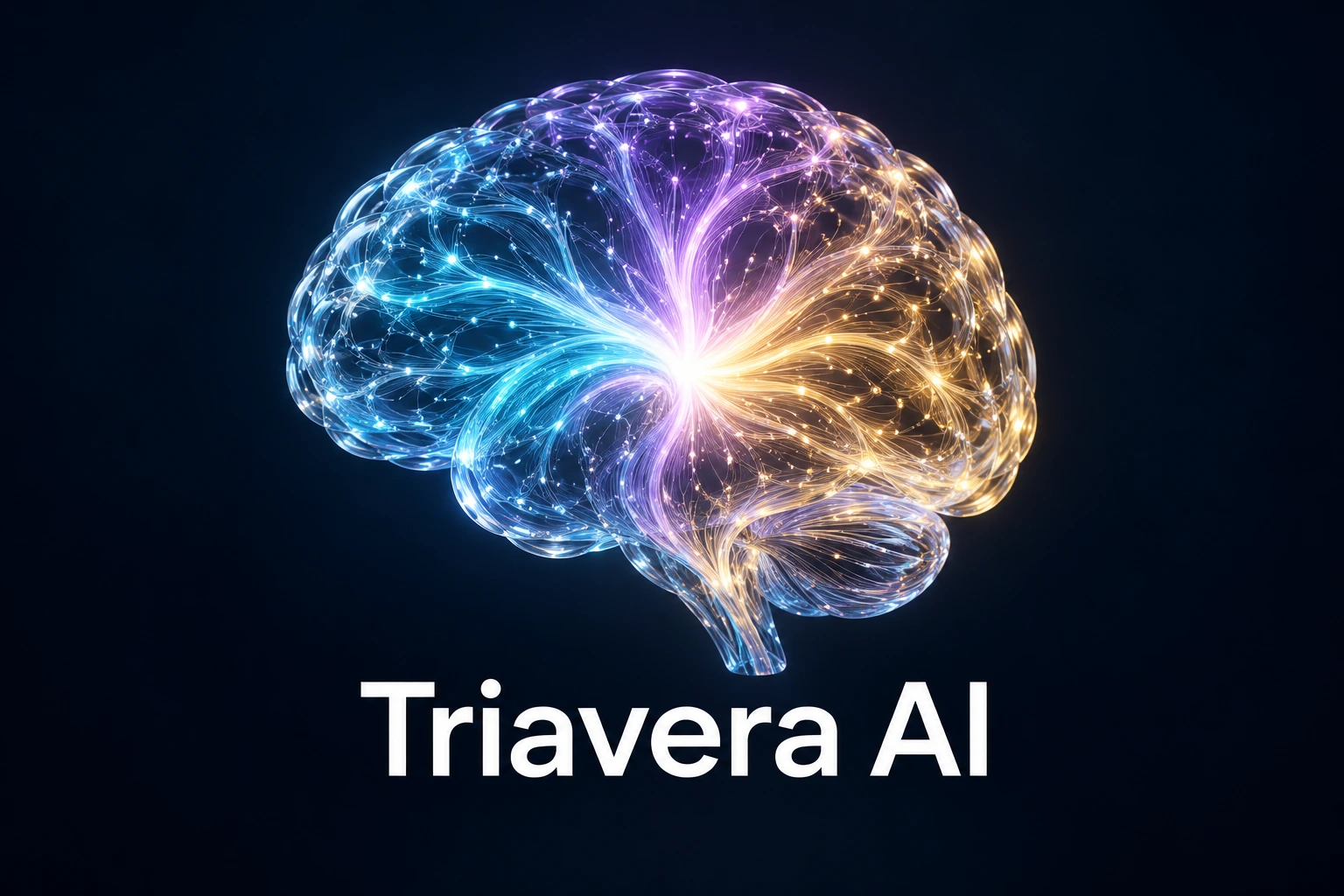 Triavera AI: blue, violet, and gold streams of light converge within a luminous brain.